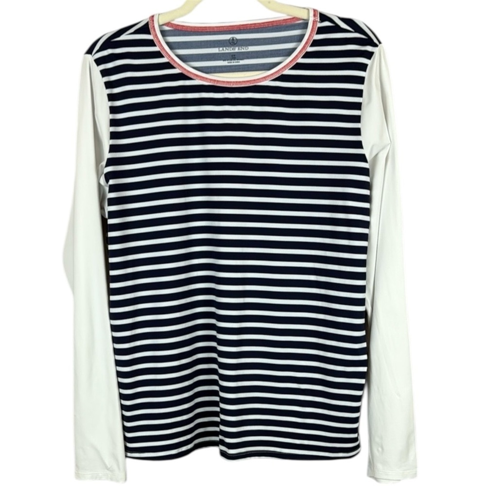 Lands’ End UPF 50 Rash Guard Blue and White Striped Shirt with Red Trim Size 0X